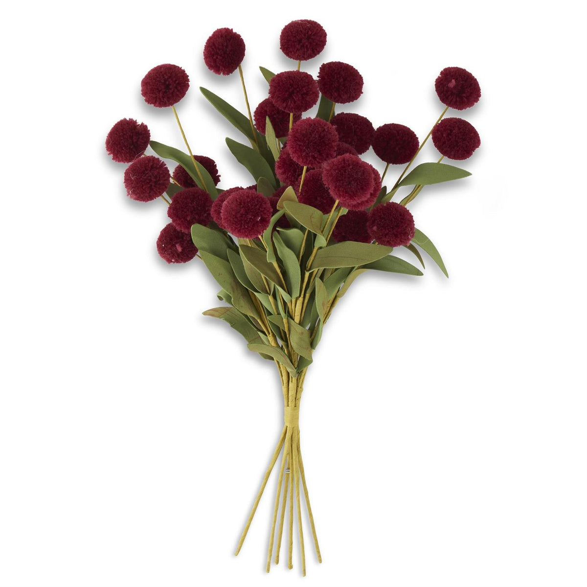 13 Inch Burgundy Pompom Pick w/Green Eva Leaves Bundle (6)