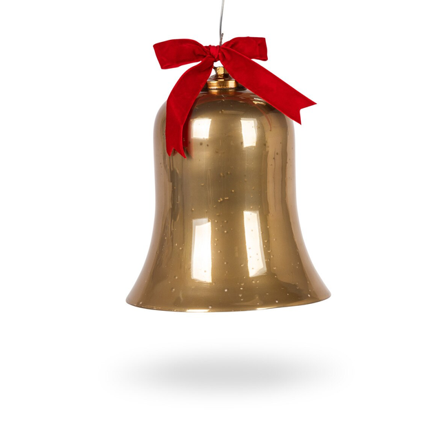8"H Mercury Gold Glass Bell Ornament with Red Velvet Ribbon