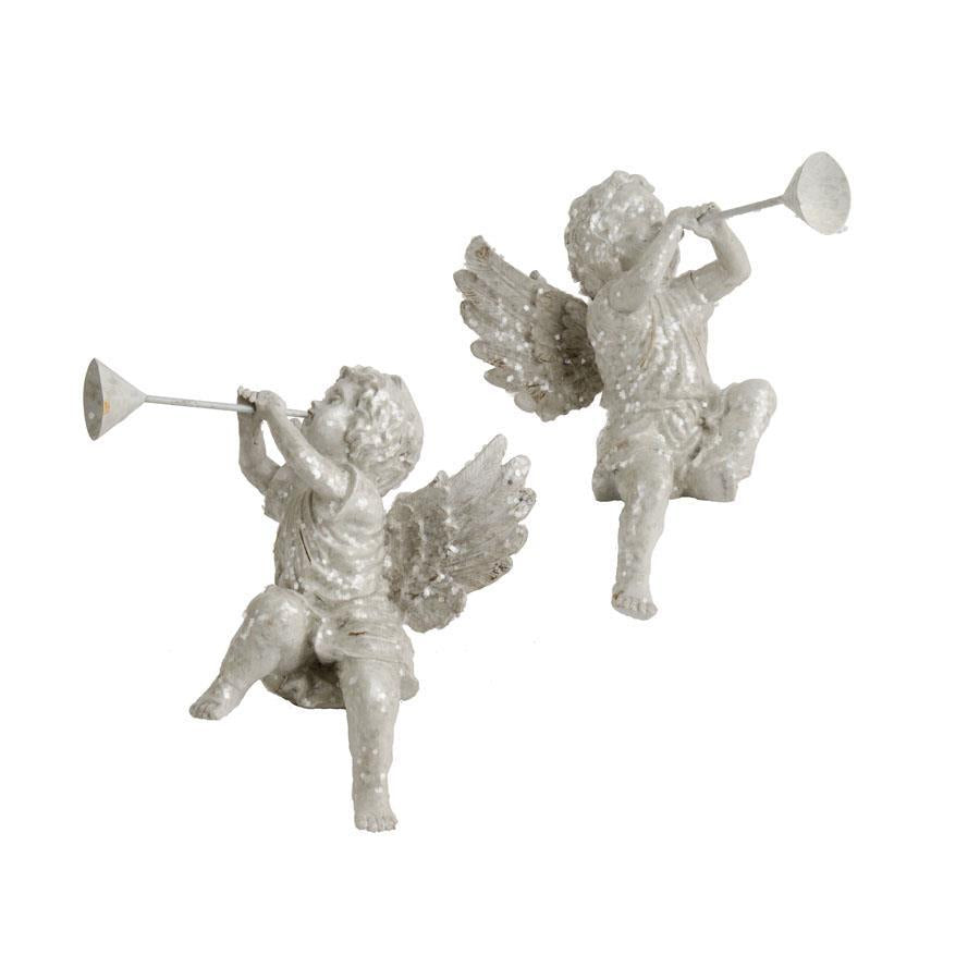 Set of 2 Sitting White Glittered Resin Cherub Statue
