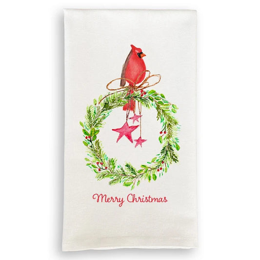Cardinal Sitting On Wreath with Stars Dish Towel