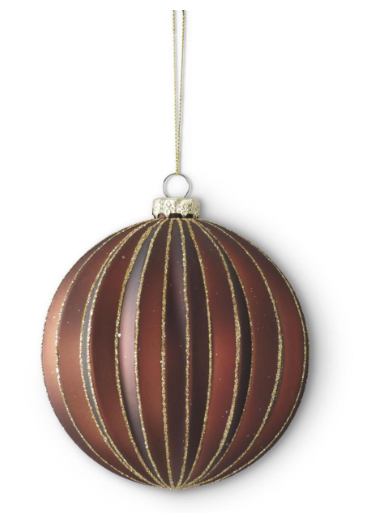 5.25 Inch Brown w/Gold Glittered Accordion Round Glass Ornament